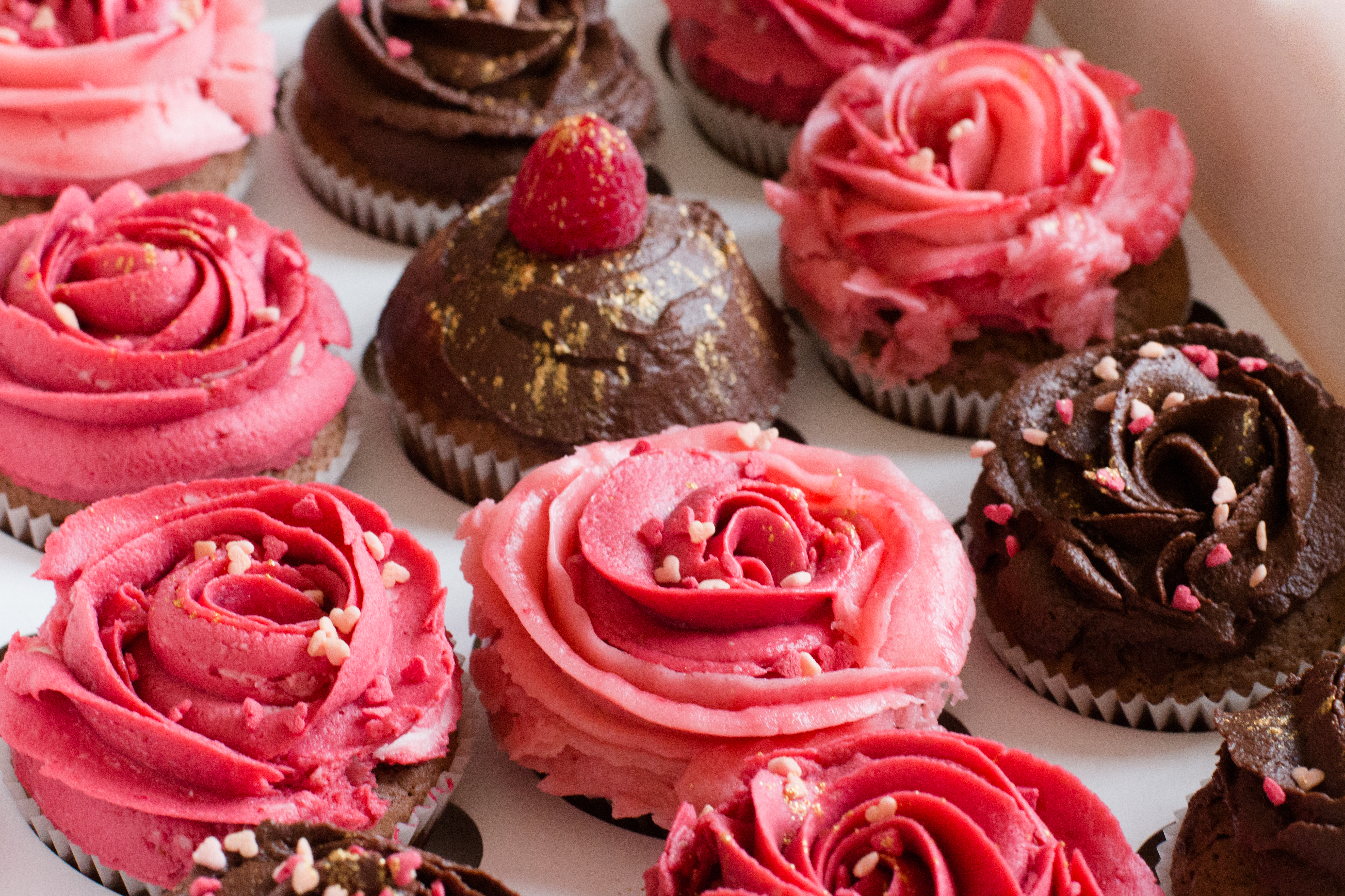 Cupcakes au chocolat et aux framboises avec des roses à la crème au beurre |  dame dessert