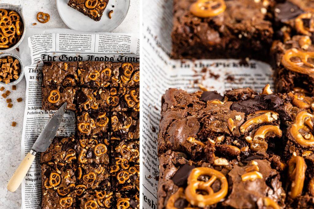 Brownies au double chocolat avec bretzels et fudge au caramel salé |  dame dessert