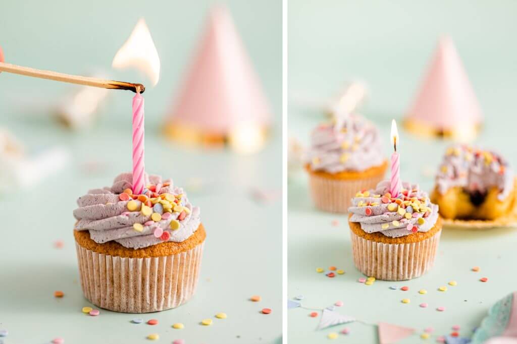 Cupcakes d'anniversaire à base de génoise crémeuse fourrée de confiture et de mascarpone aux myrtilles - Meine Backbox |  dame dessert